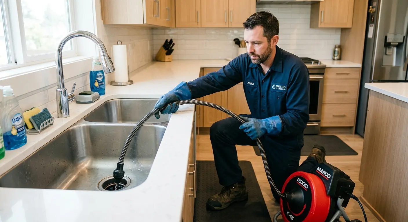 Drain cleaning technician using a motorized snake on a kitchen sink in Garrett