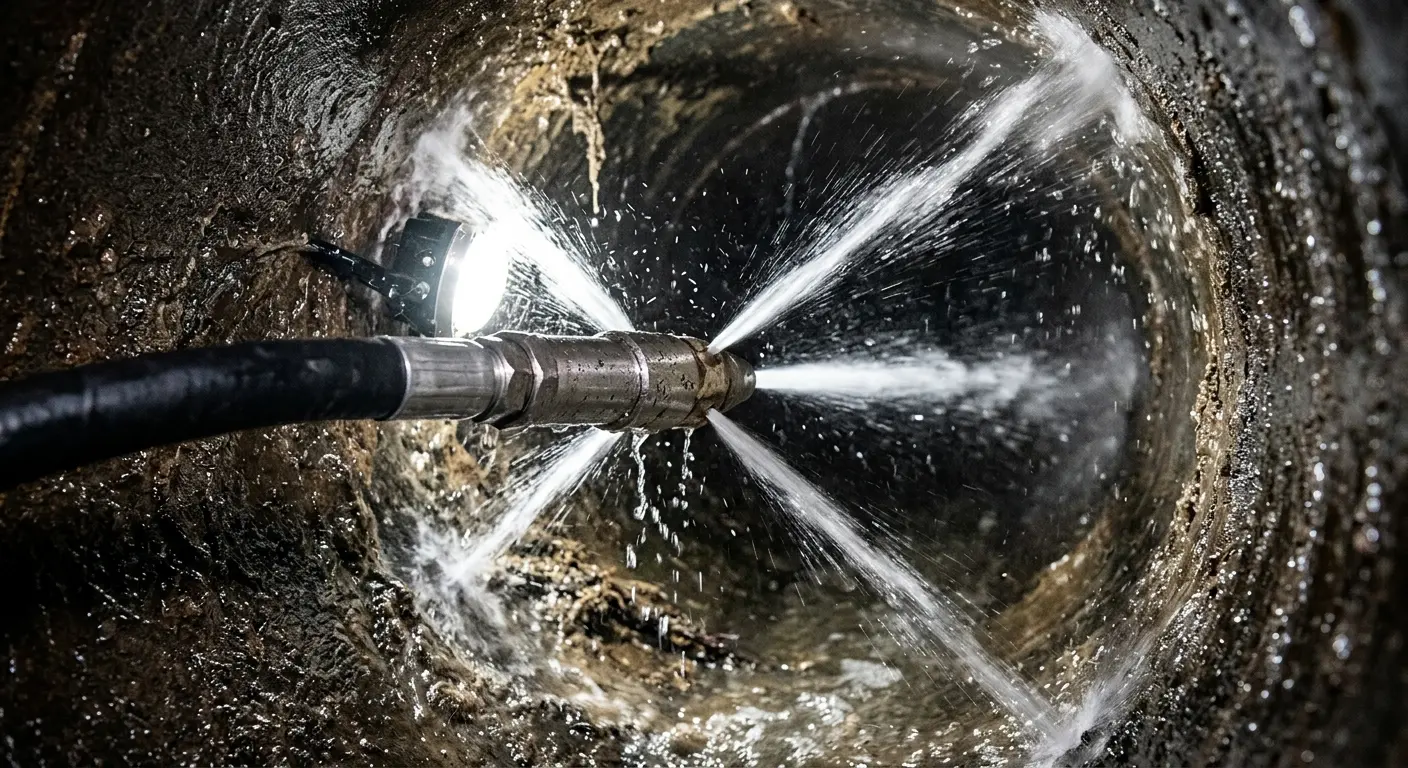 High-pressure hydro jetting nozzle cleaning sewer pipe for Emergency Drain Service in Garrett