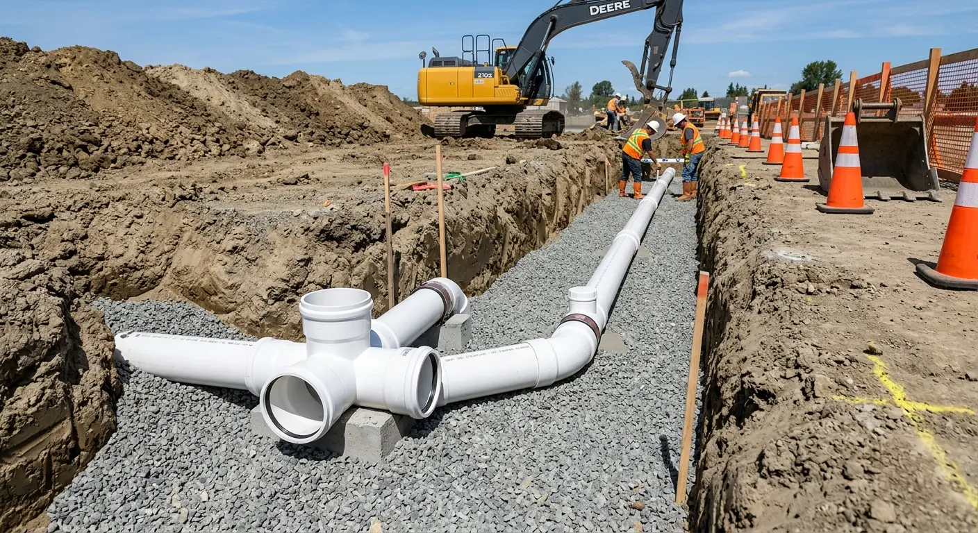 New PVC sewer pipe installation in open trench for Commercial Drain Cleaning in Garrett