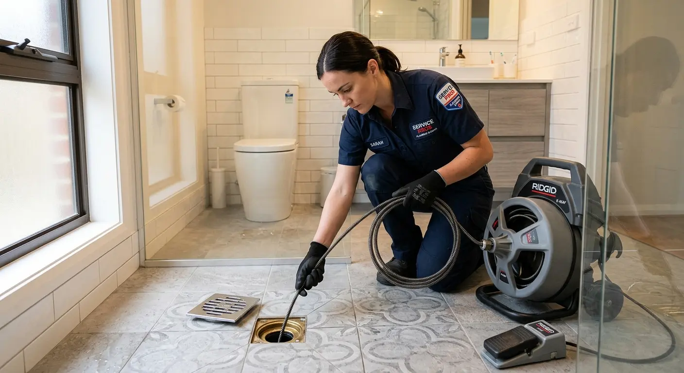 Technician clearing a bathroom floor drain for Hydro Jetting in Garrett
